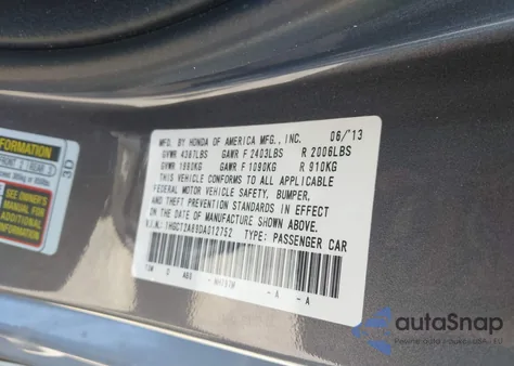 2013 Honda Accord Ex-L/Ex-L V-6 из США, поврежденный, VIN 1HGCT2A89DA012752